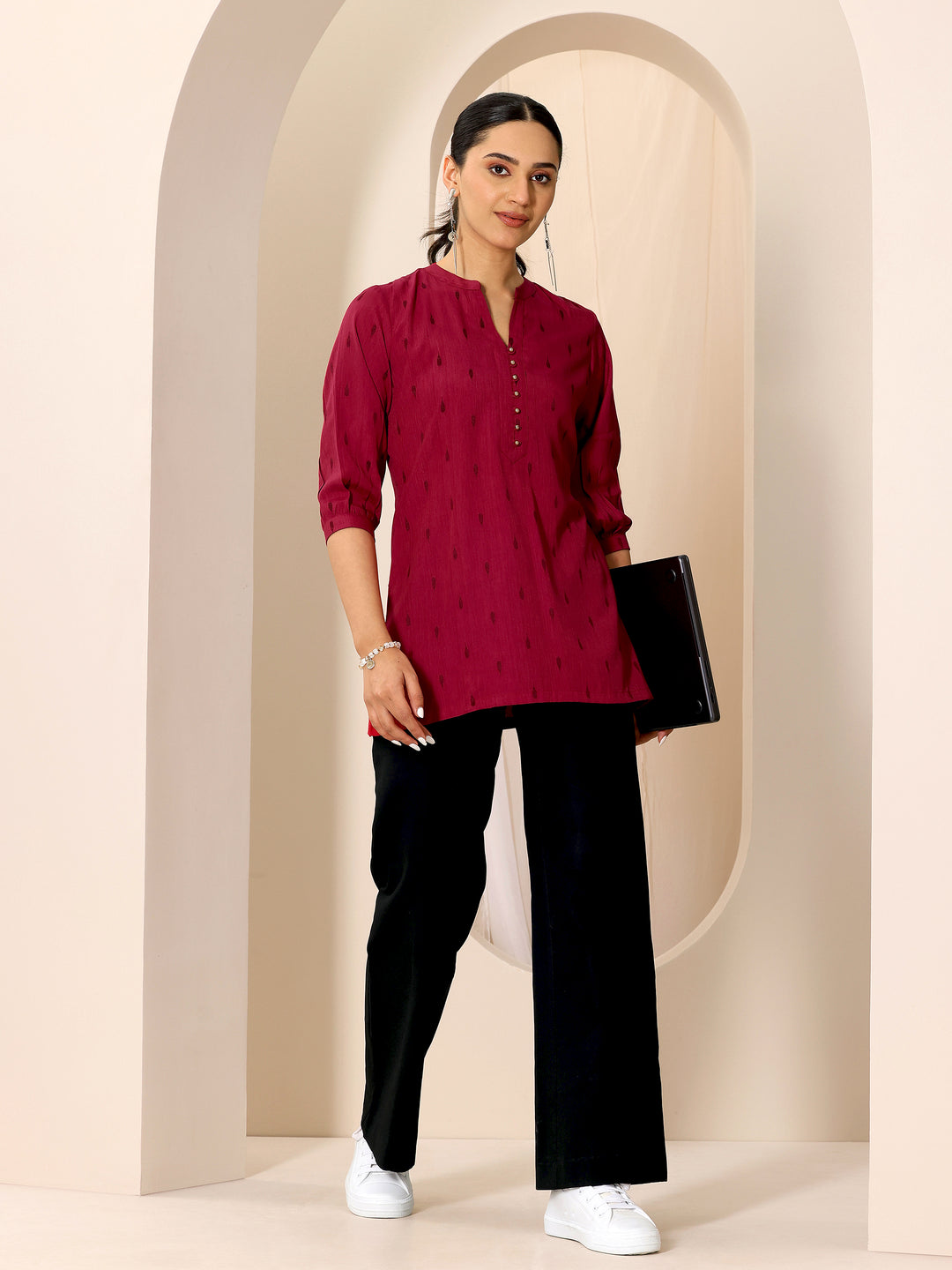 Maroon Woven Design Viscose Rayon Straight Short Kurti