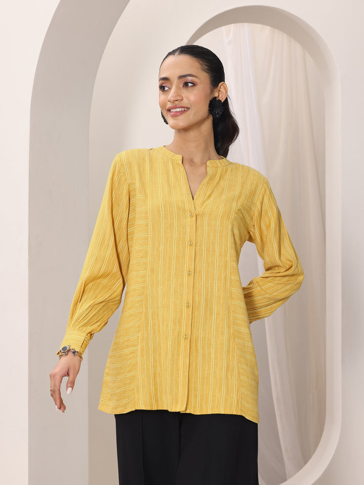 Yellow Woven Design Cotton Blend Straight Short Kurti