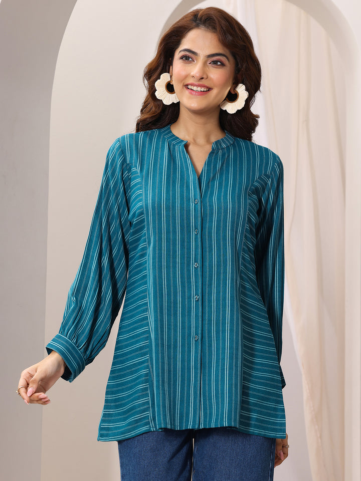 Teal Blue Woven Design Cotton Blend Straight Short Kurti