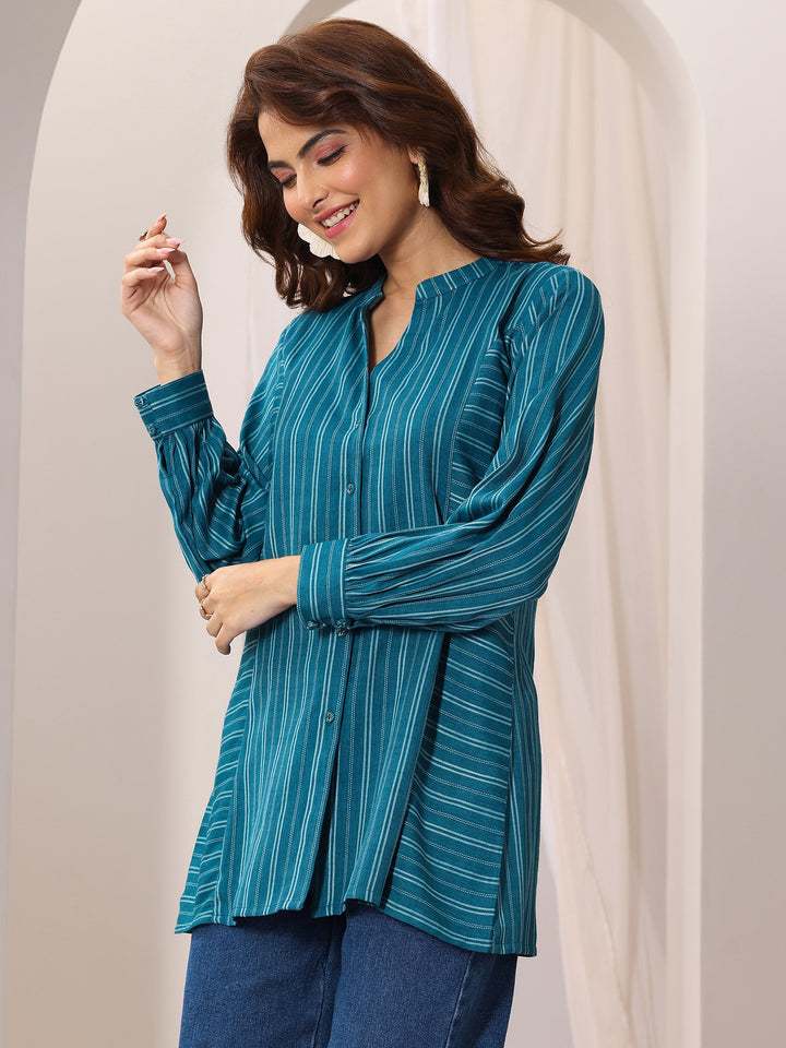 Teal Blue Woven Design Cotton Blend Straight Short Kurti