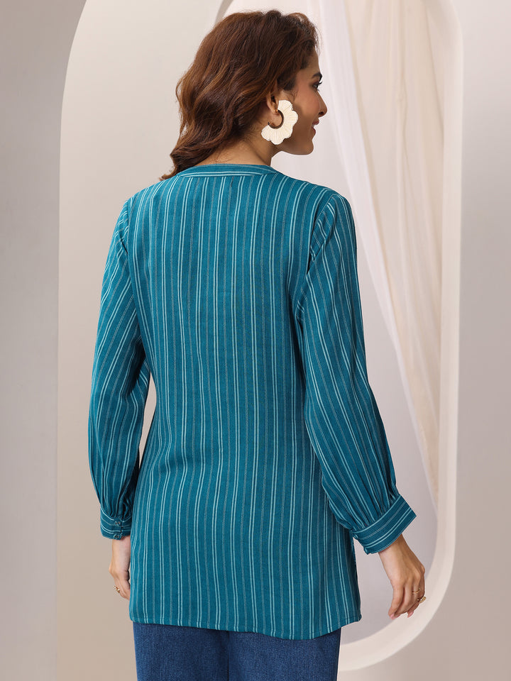 Teal Blue Woven Design Cotton Blend Straight Short Kurti