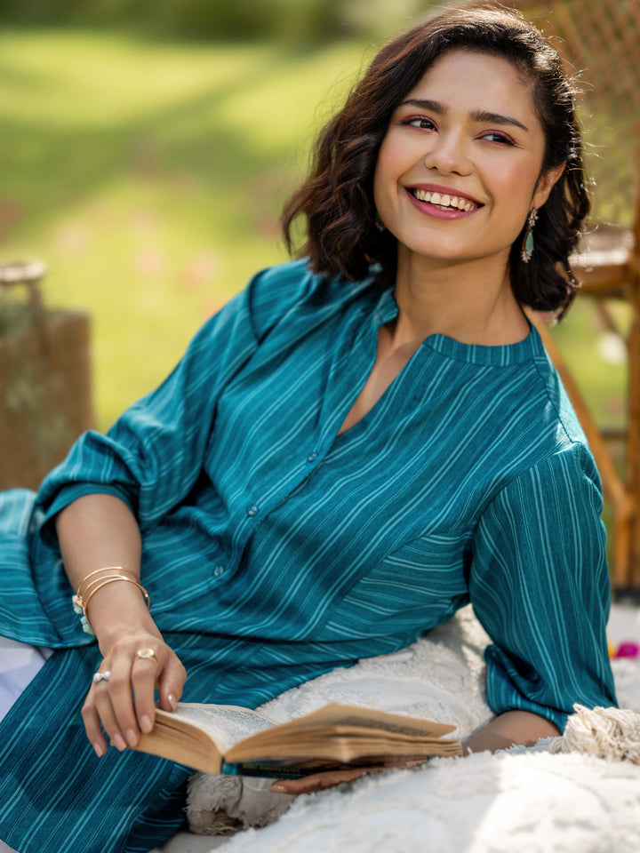 Teal Blue Woven Design Cotton Blend Straight Short Kurti