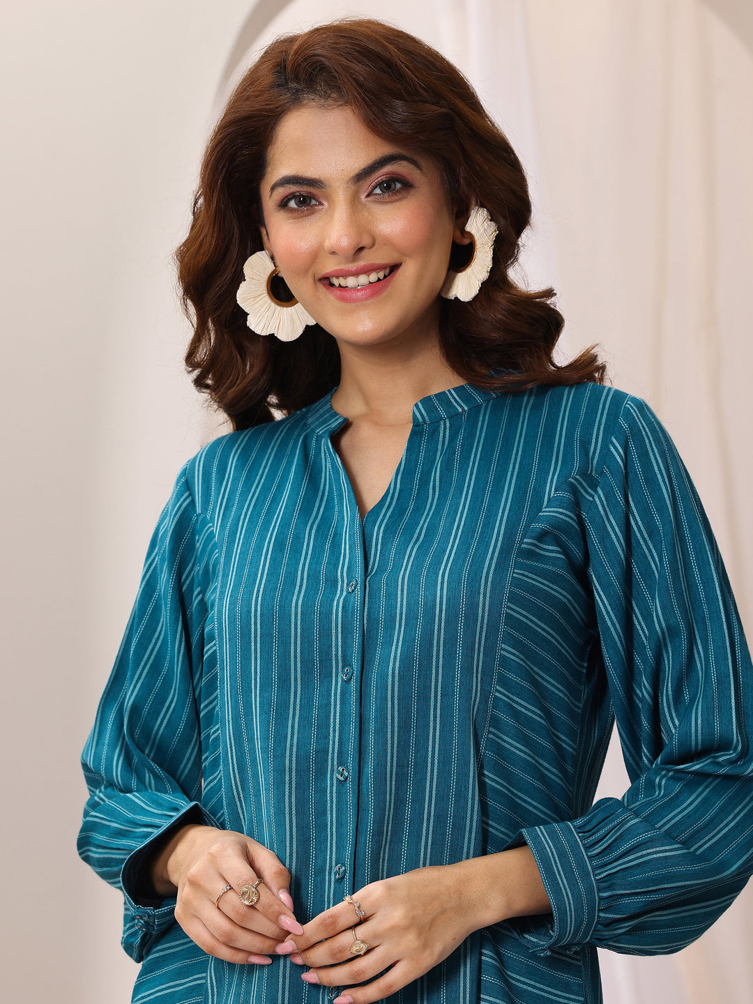 Teal Blue Woven Design Cotton Blend Straight Short Kurti