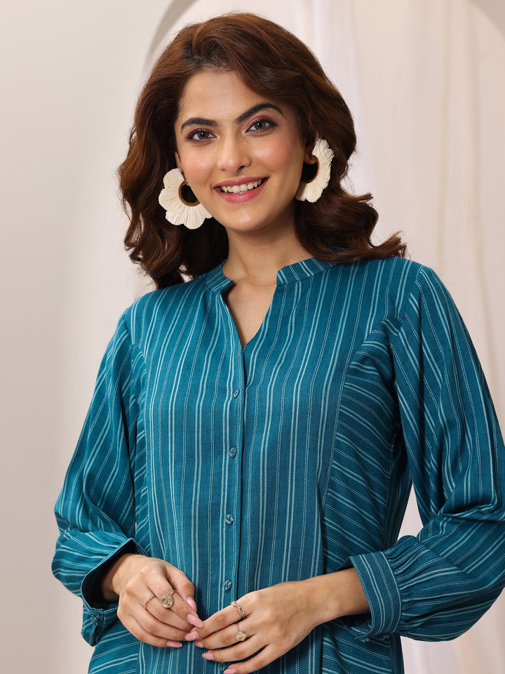 Teal Blue Woven Design Cotton Blend Straight Short Kurti