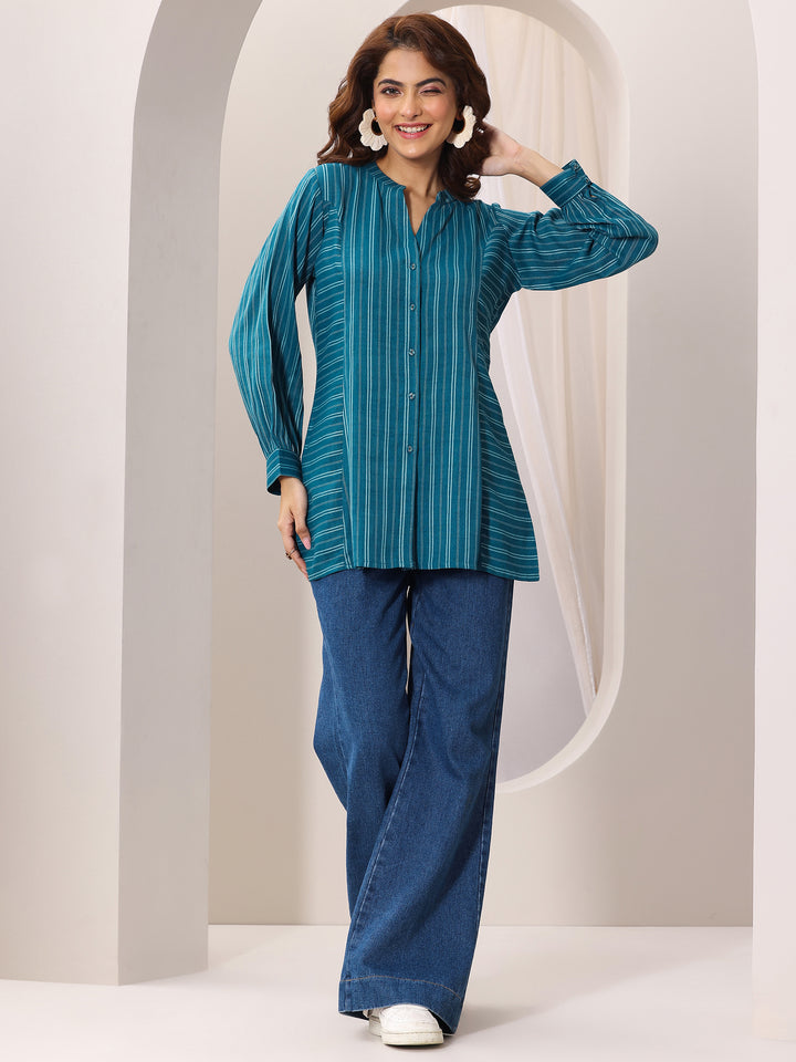 Teal Blue Woven Design Cotton Blend Straight Short Kurti