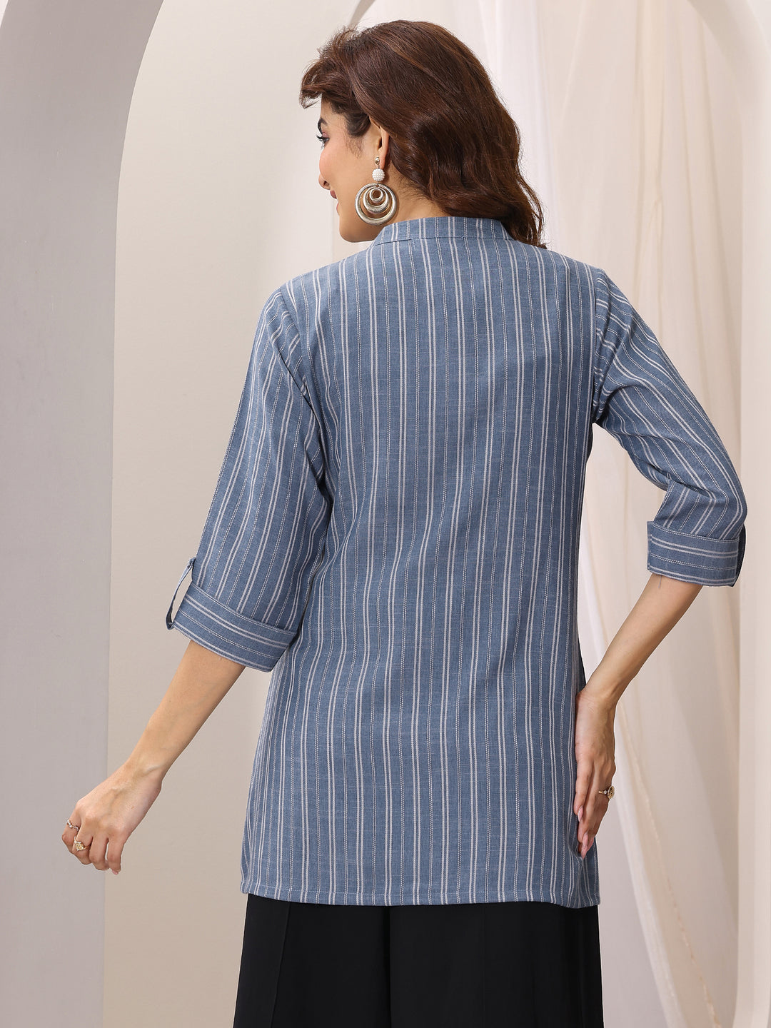 Blue Woven Design Cotton Blend Straight Short Kurti