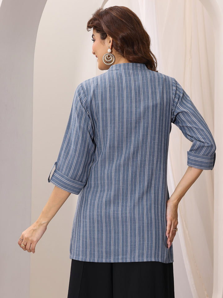 Blue Woven Design Cotton Blend Straight Short Kurti