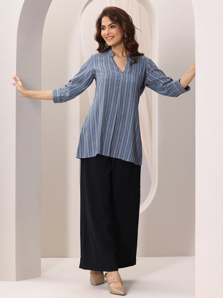 Blue Woven Design Cotton Blend Straight Short Kurti