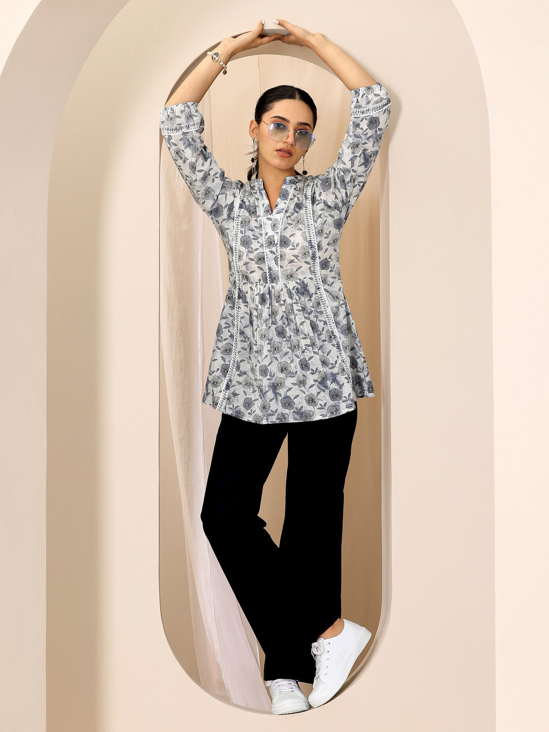 Grey Printed Cotton A-Line Short Kurti