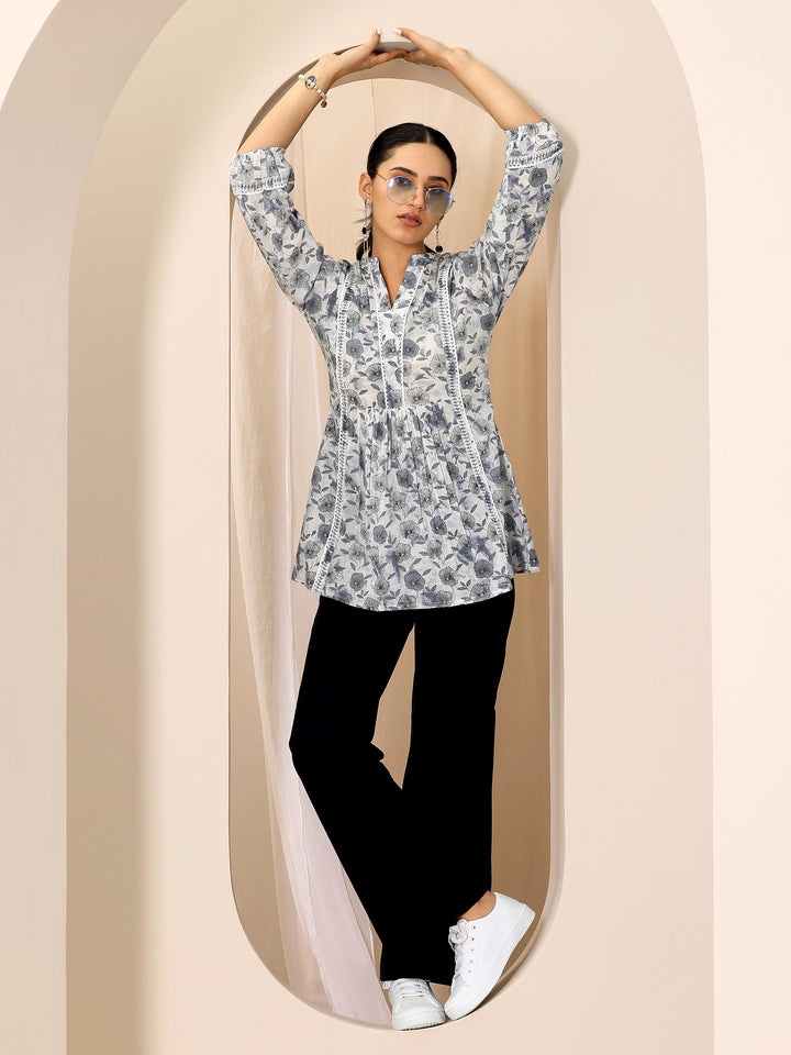 Grey Printed Cotton A-Line Short Kurti