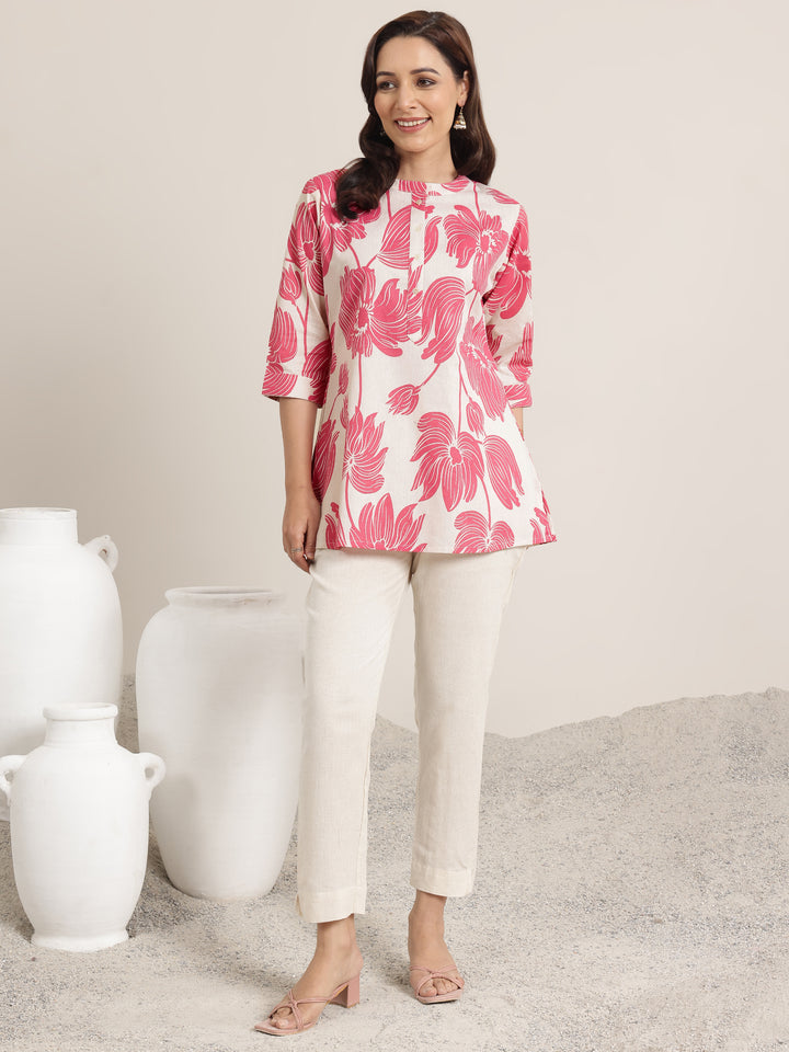 Pink Printed Cotton Straight Short Kurti