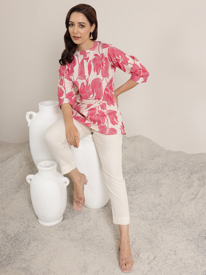 Pink Printed Cotton Straight Short Kurti