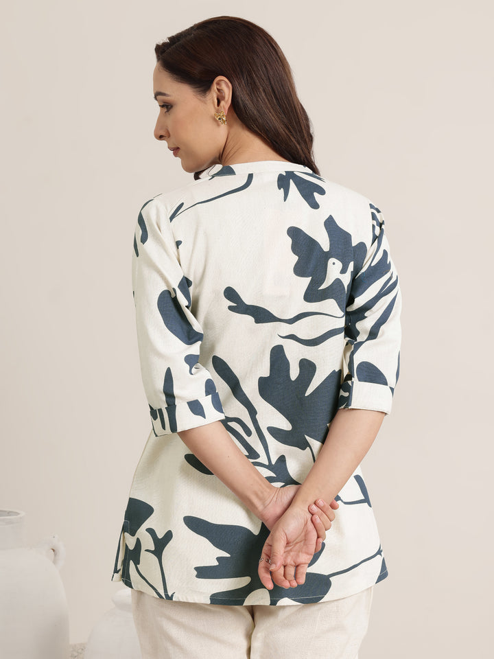 Grey Printed Cotton Straight Short Kurti