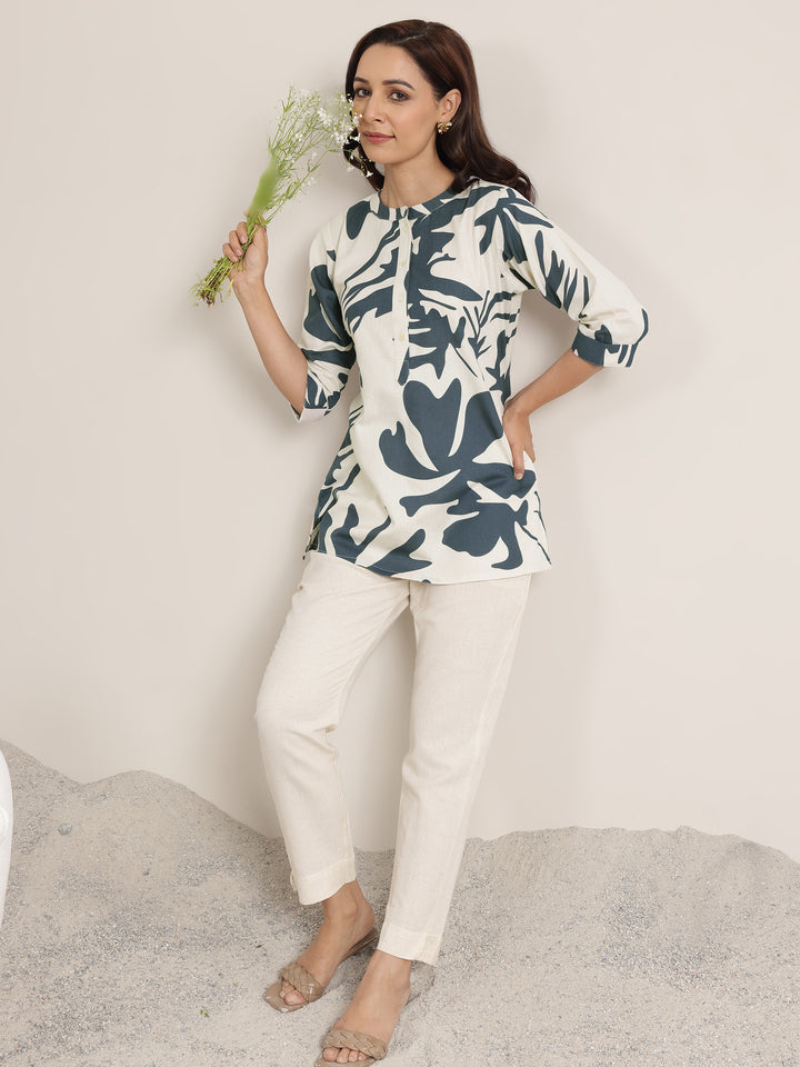 Grey Printed Cotton Straight Short Kurti