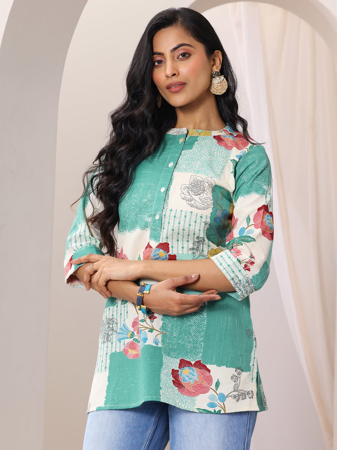 Green Printed Cotton Straight Short Kurti