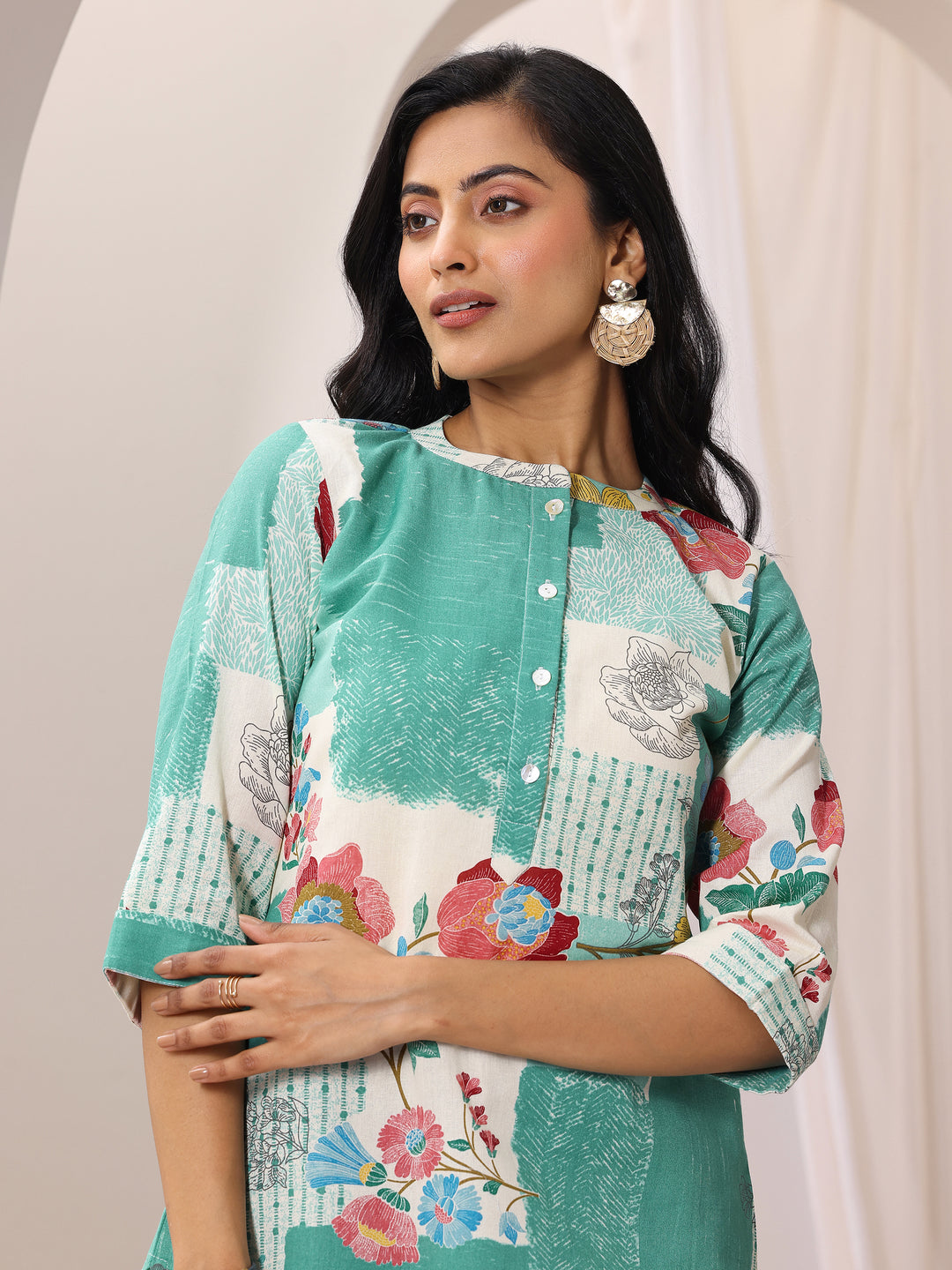 Green Printed Cotton Straight Short Kurti