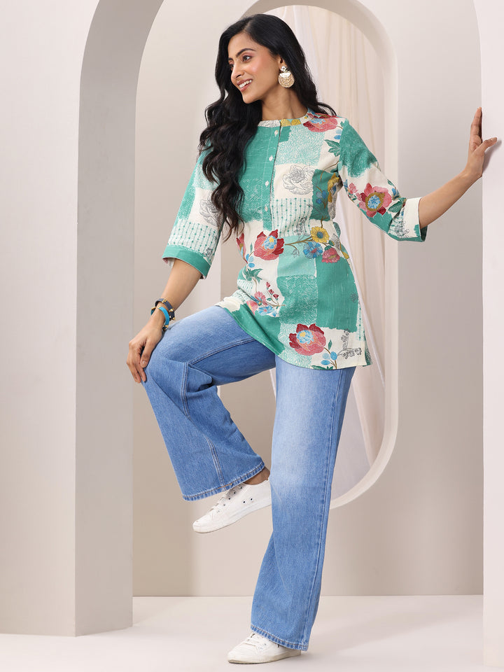 Green Printed Cotton Straight Short Kurti