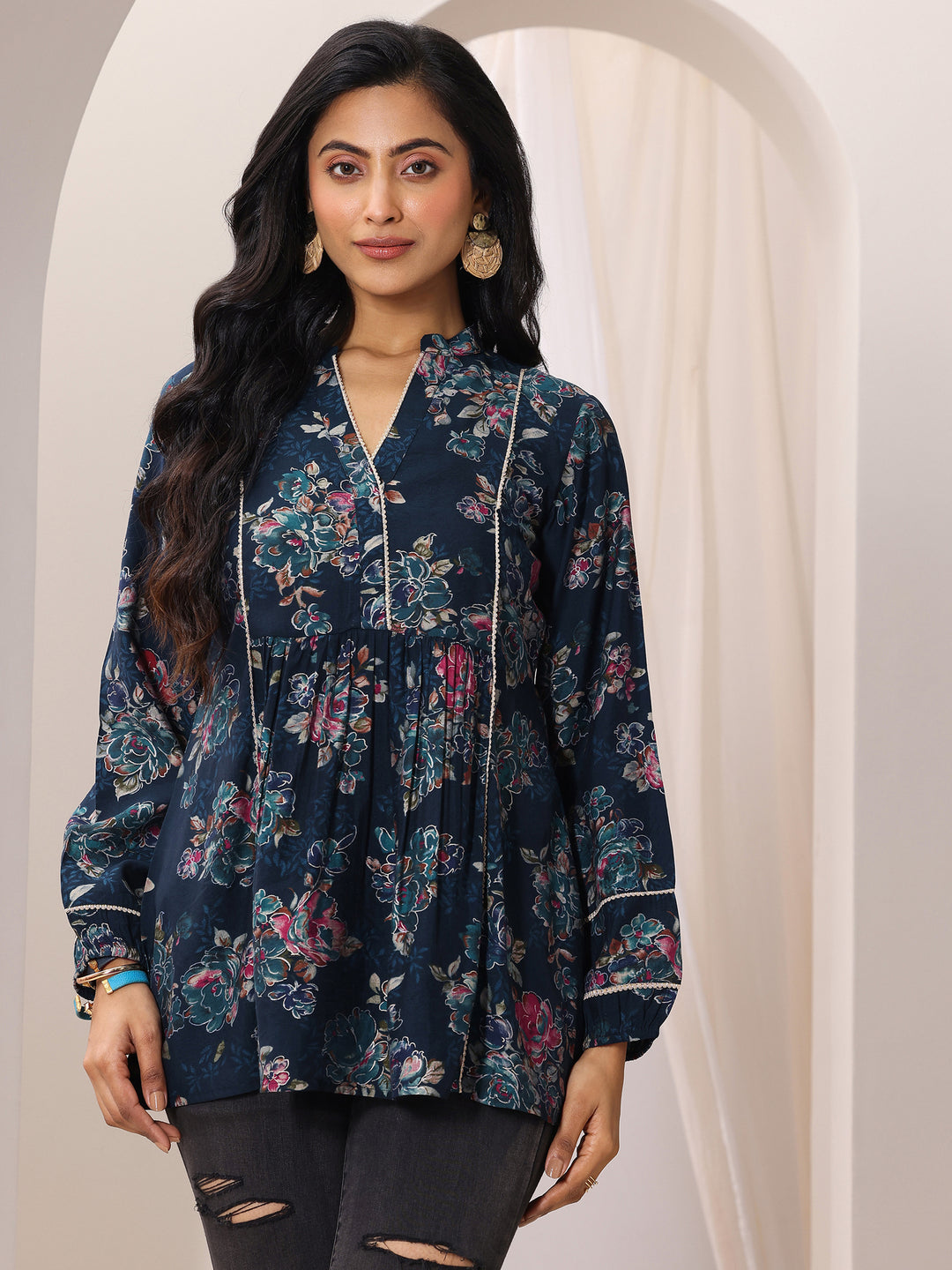 Blue Printed Silk Blend A-Line Short Kurti