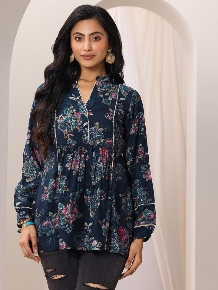 Blue Printed Silk Blend A-Line Short Kurti