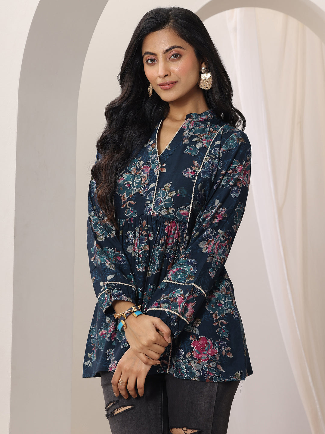 Blue Printed Silk Blend A-Line Short Kurti