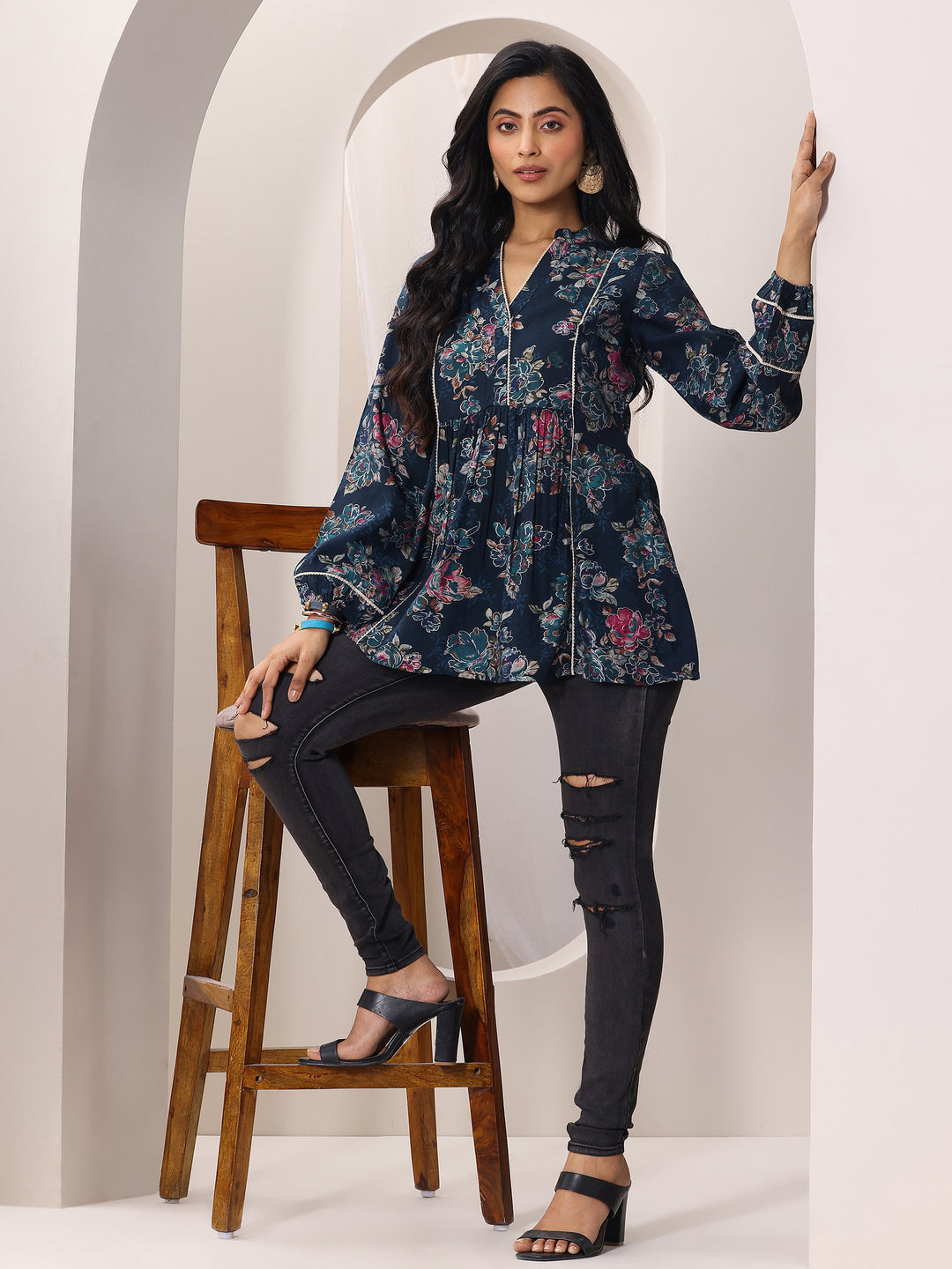 Blue Printed Silk Blend A-Line Short Kurti