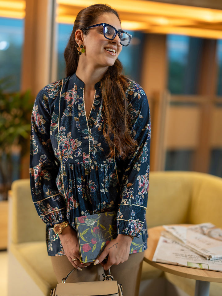 Blue Printed Silk Blend A-Line Short Kurti