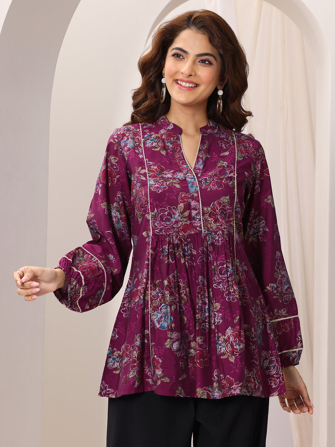 Pink Printed Silk Blend A-Line Short Kurti