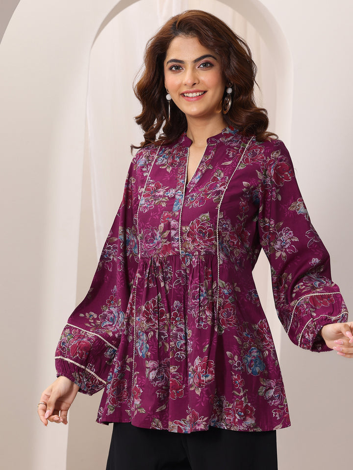 Pink Printed Silk Blend A-Line Short Kurti