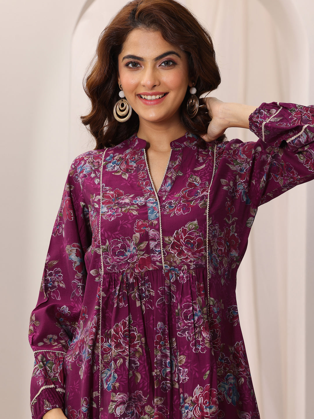 Pink Printed Silk Blend A-Line Short Kurti