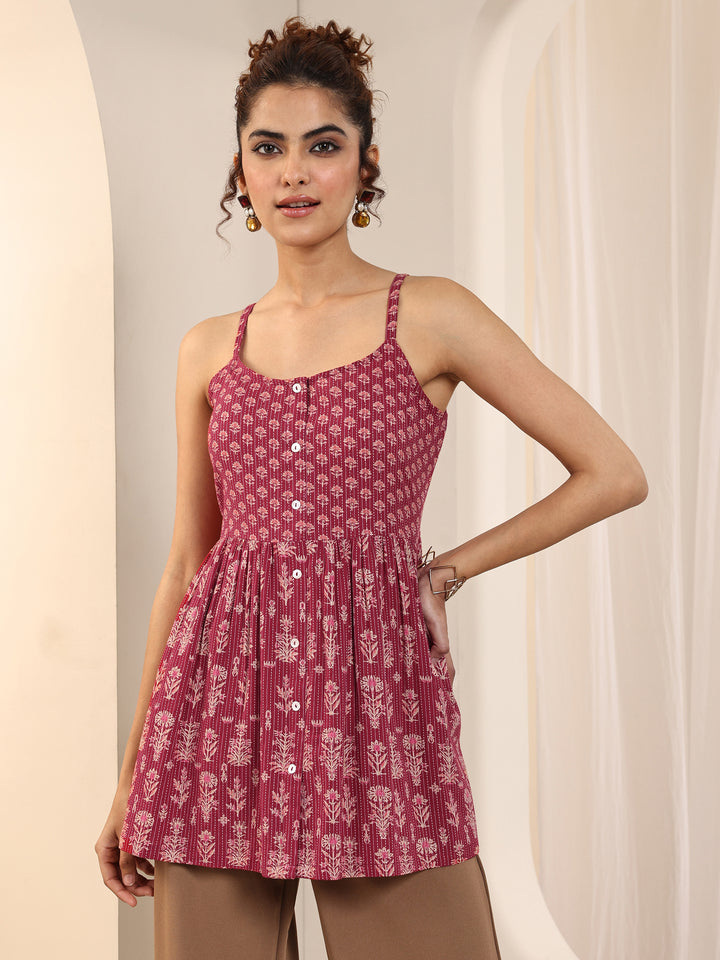 Red Printed Cotton Anarkali Short Kurti