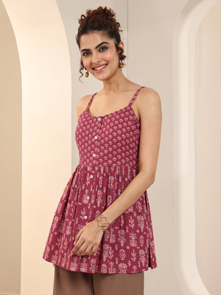 Red Printed Cotton Anarkali Short Kurti