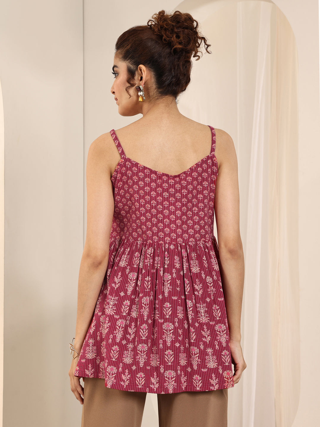 Red Printed Cotton Anarkali Short Kurti