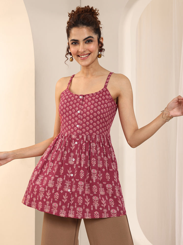 Red Printed Cotton Anarkali Short Kurti