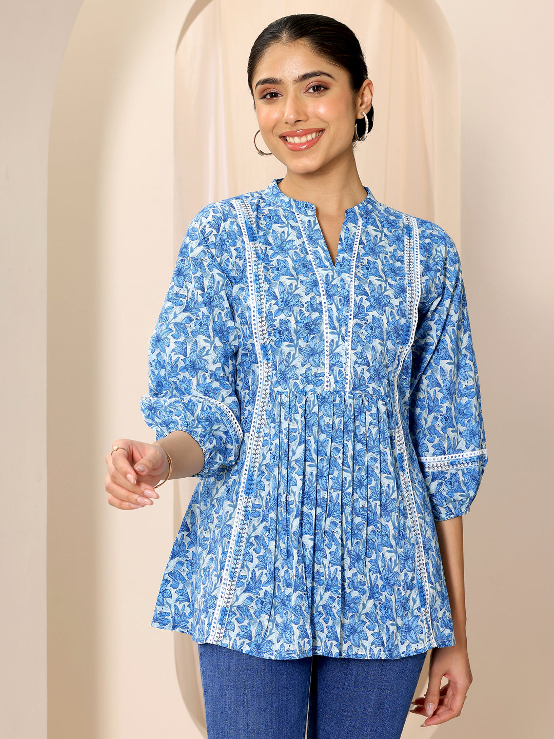 Indigo Printed Cotton A-Line Short Kurti
