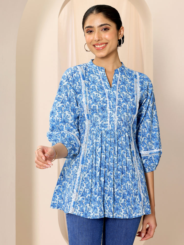 Indigo Printed Cotton A-Line Short Kurti