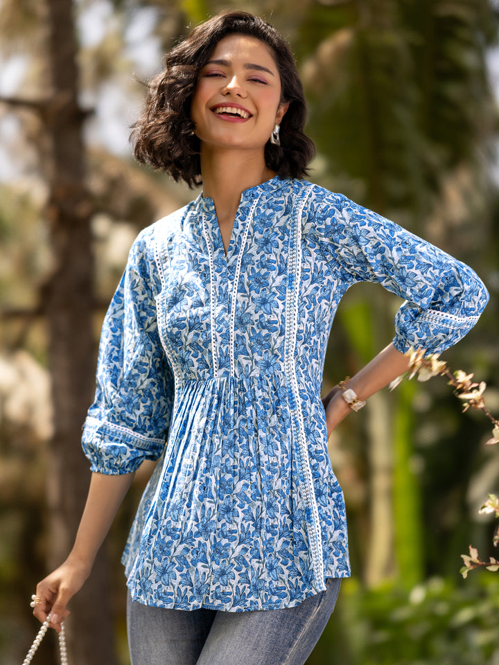 Indigo Printed Cotton A-Line Short Kurti