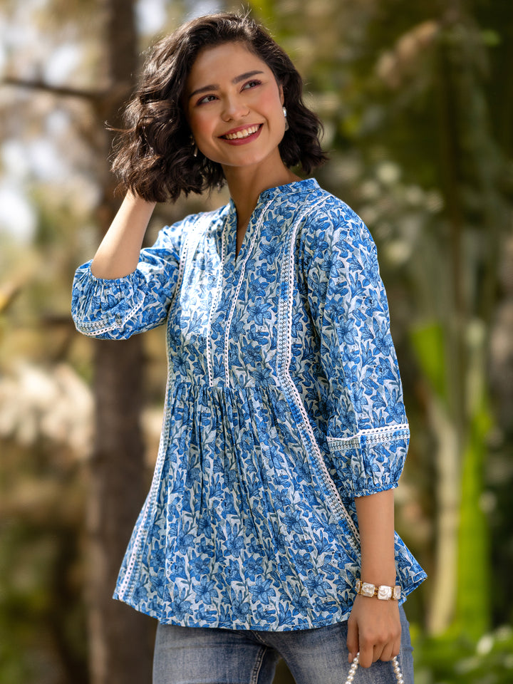Indigo Printed Cotton A-Line Short Kurti