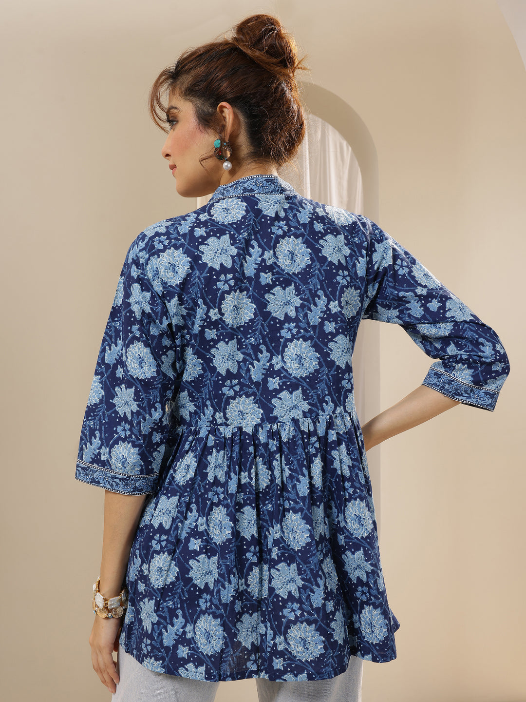 Blue Printed Cotton Anarkali Short Kurti