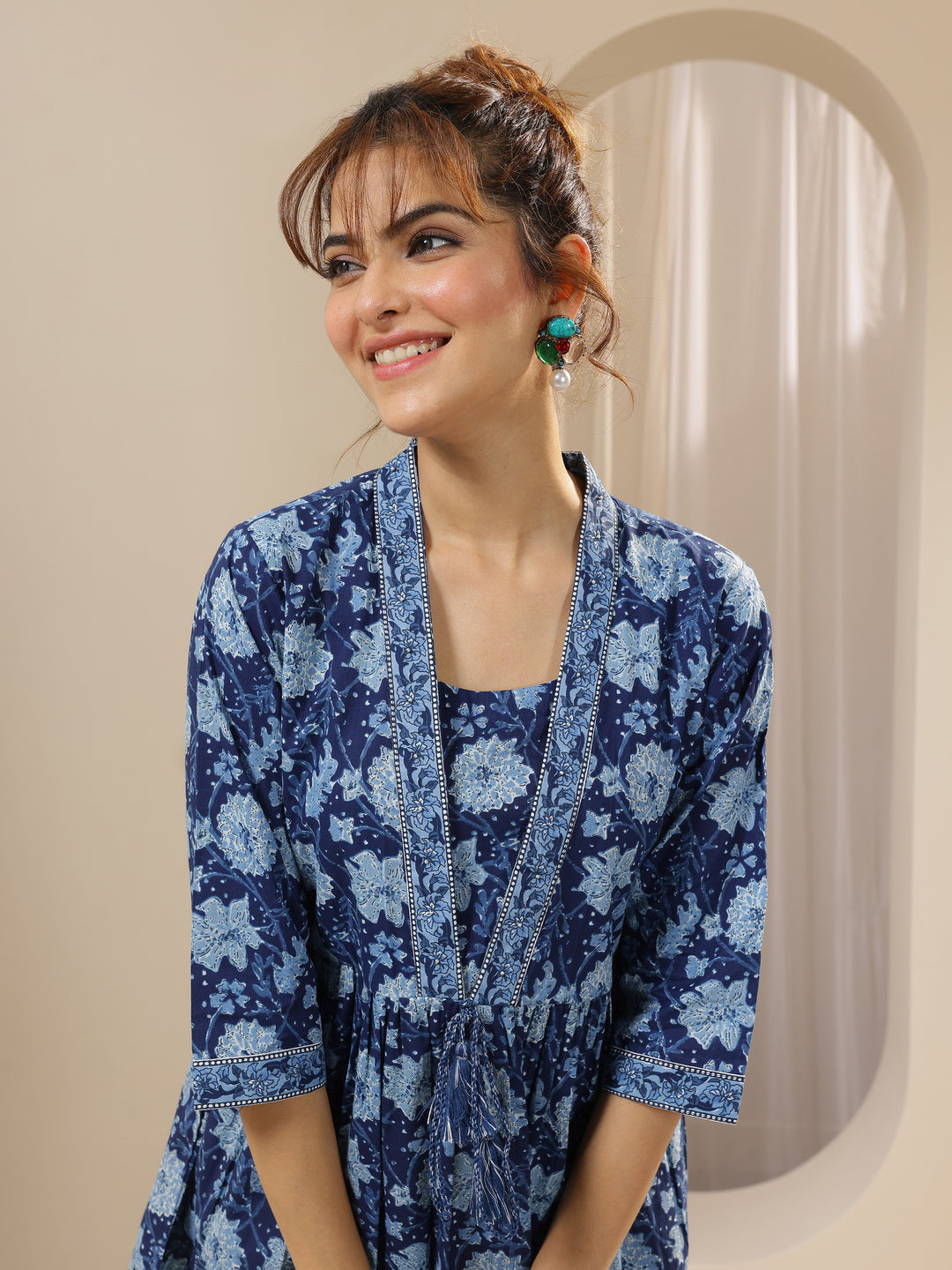 Blue Printed Cotton Anarkali Short Kurti