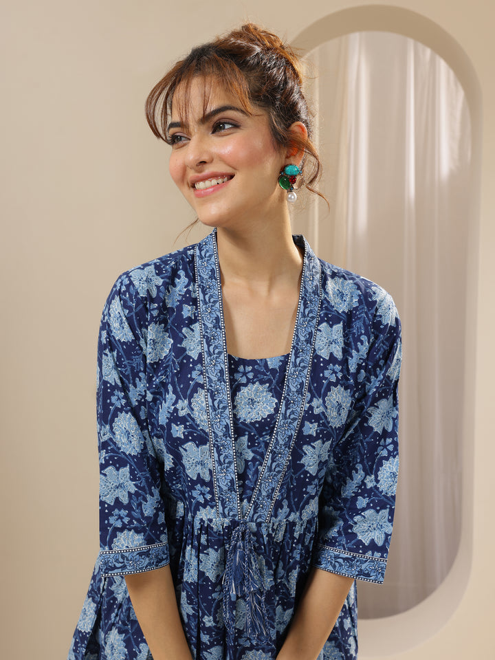 Blue Printed Cotton Anarkali Short Kurti