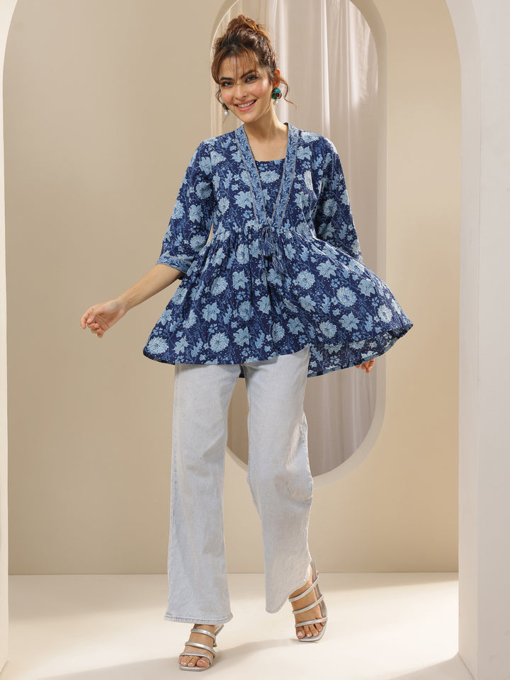 Blue Printed Cotton Anarkali Short Kurti