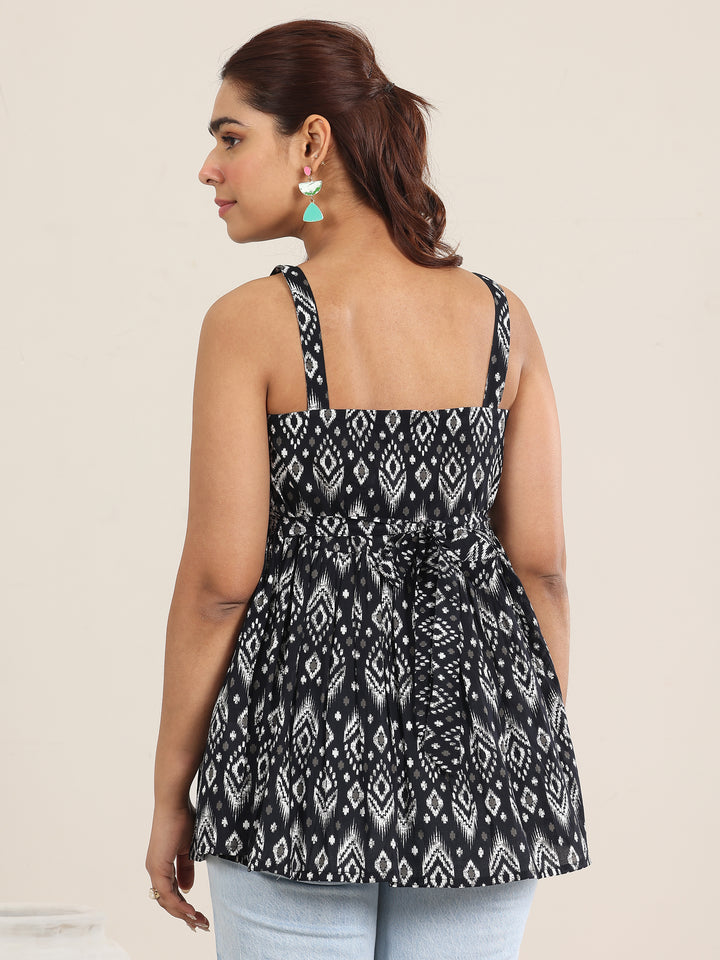 Black Printed Cotton Anarkali Short Kurti
