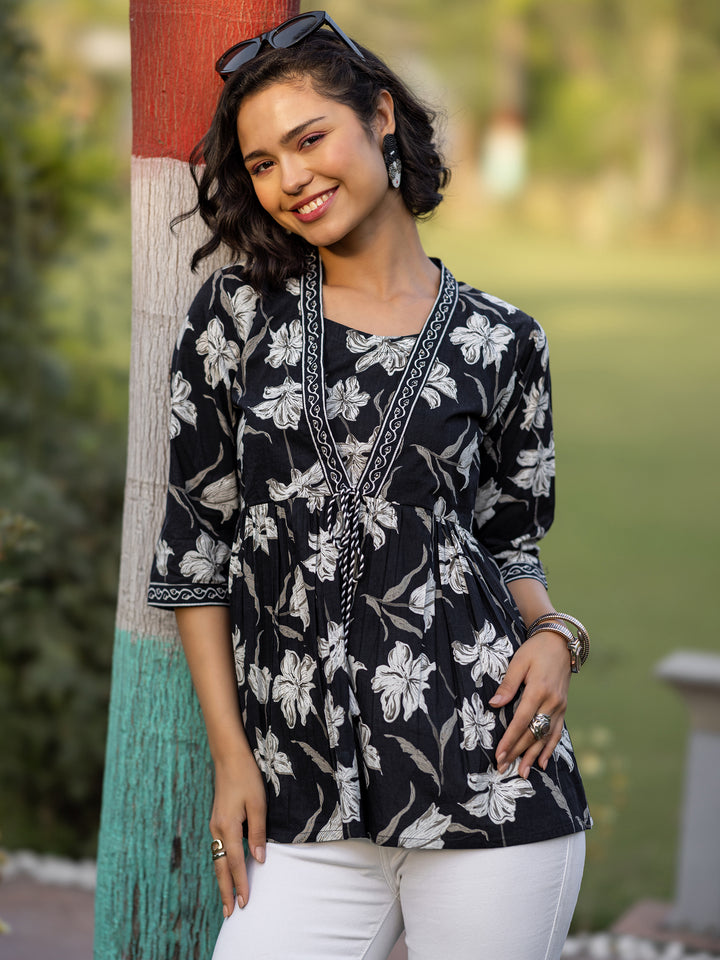 Black Printed Cotton Anarkali Short Kurti
