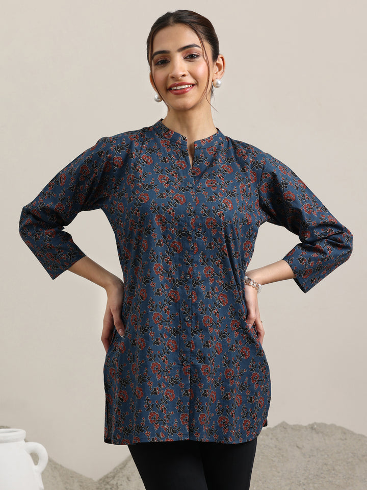 Blue Printed Cotton Straight Kurti