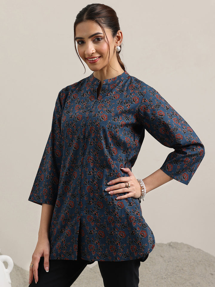 Blue Printed Cotton Straight Short Kurti