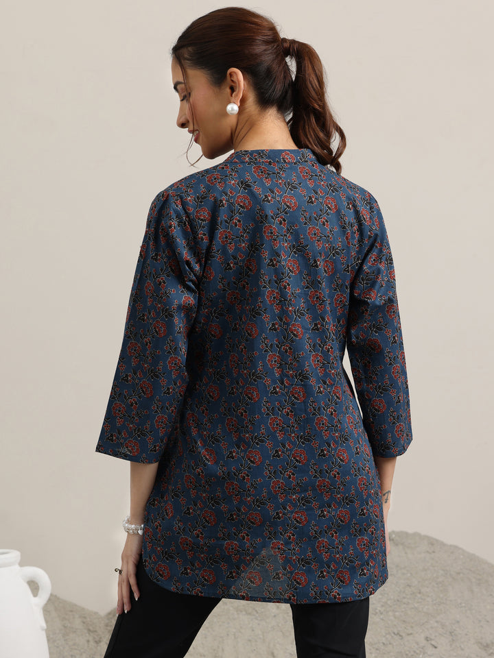 Blue Printed Cotton Straight Kurti
