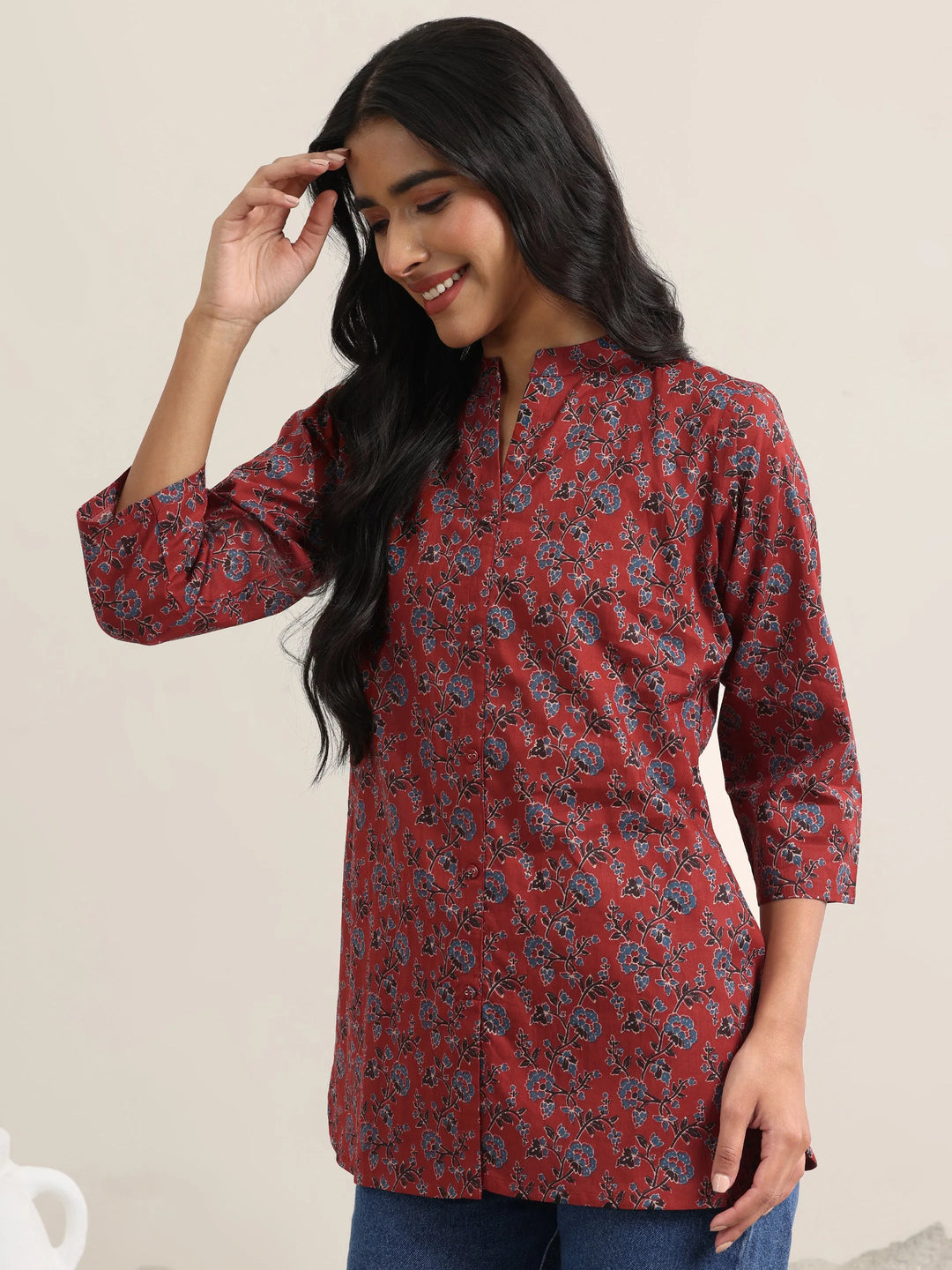Maroon Printed Cotton Straight Kurti