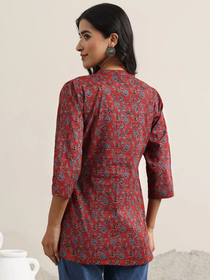 Maroon Printed Cotton Straight Kurti