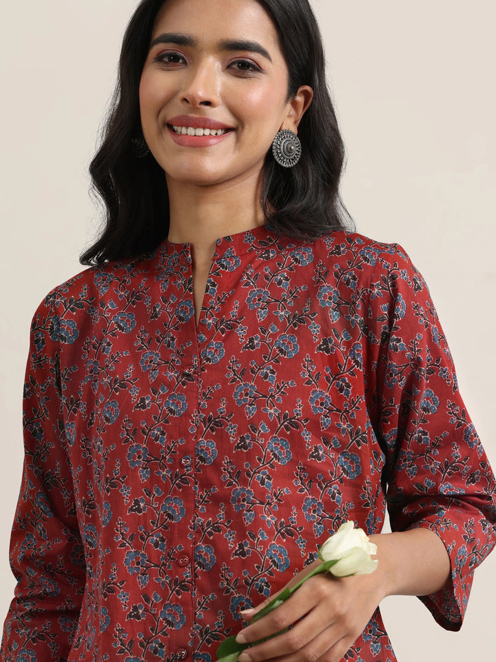Maroon Printed Cotton Straight Kurti