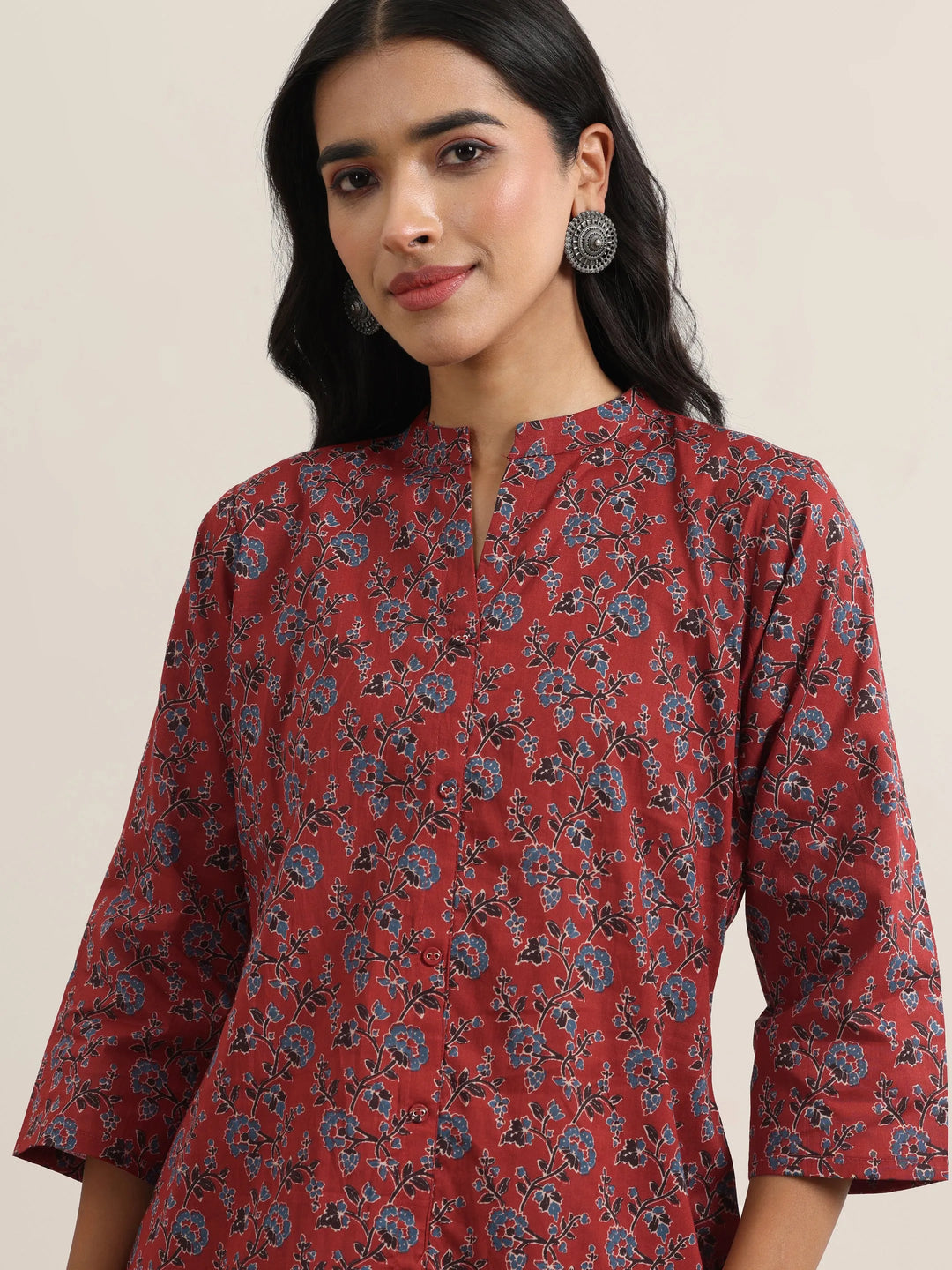 Maroon Printed Cotton Straight Kurti